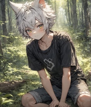 masterpiece,best quality,solo,(cute),score_9,white_hair,(boy),(male),forest,black tanktop,(catboy)