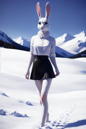 sexy white rabbit girl walking through the snowy mountains, detailed realistic face, white rabbit fur over entire body, thin waist, medium sized breasts, very short mini_skirt, errect-nipples showing through a small tight white_blouse, erect-nipples