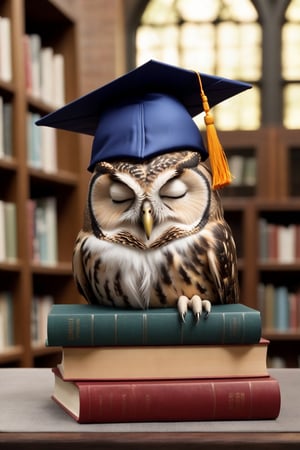 realistic sleeping owl, eyes closed, graduation hat, books of lore, detailed library