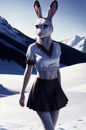 furry, sexy white rabbit girl walking through the snowy mountains, detailed realistic face, detailed background, lots of fur, thin waist, medium sized breasts, short white skirt, white_blouse, furry belly button