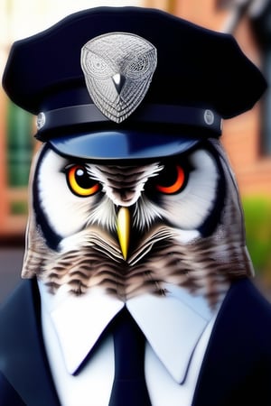 Realistic Owl dressed up as a policeman at a jail