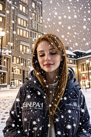 European women , red blonde hair  , blonde hair ,  standing in front of european building , (blured buildings behind 0.6),wearing north pacific jacket under brown hoodie   , white nails , eyes half closed,  in a photogenic mood , cute , beautiful , realistic , smooth skin , blushing ,  small medium tits ,  no freckles , less depth of field , silky hair , wearing braclet   , snowing , (snowing 0.4) ,less snow quantity , medium snow ,European Female, age 18 , medium round ass, healthy girl , 50kg body weight , 5 feet 4 tall , HD , high quality ,soft , low light , little redish skin  , 5 fingers,European Female, (0.7 warm temprature), (small snow particles: 0.3)