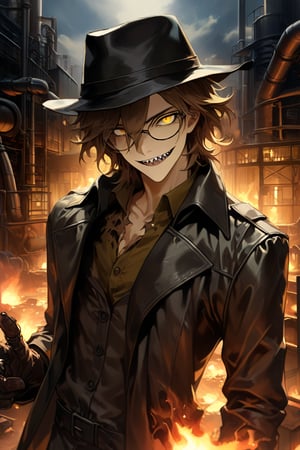 (((high quality))), masterpiece, ((((detailed)))), medium,((((solo)))), 1male,karl_heinsenberg(resident evil village),19 years old, brown hair,torn clothes, gafas de sol, medium hair, messy hair, yellow eyes, smile, sharp teeth, leather gloves, (( black trench coat)),more detail XL,factory,magnetic power, metal, night, burning boilers, hat_fedora
