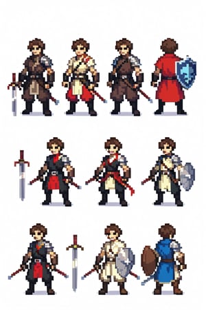  pixel art,2d,High definition, full body, sword, mercenary, shield, idle,without background,SPRITESHEET,(I need them to be usable as assets in unity, you must maintain consistency between each image),several images,8 images, maintain consistency between characters (that they are the same), I need it to be an animation (in image sequence), idle animation,Each image moves and goes down by moving the body