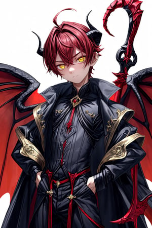 A 10-year-old boy, beautiful and delicate face, deep yellow pupils, black irises, long silky crimson red hair, horns protruding from the top of his head, reptilian tail. It extends from the lower part of his back being noticeably long and ending in a double-edged axe. He usually wears elegant clothes that combine dark colors.