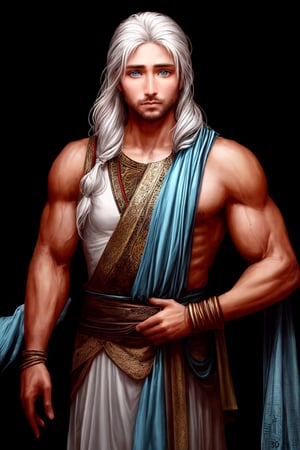 high quality, masterpiece, medium, 30 year old man, dark skin(white tunic, white hair, long hair, light blue eyes, muscular