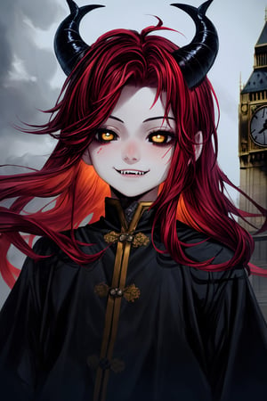 very detailed, high quality, masterpiece, medium shot, 10 year old boy, alone (black eyes with yellow pupils, long red hair, beautiful face, horns on the head, pale skin, elegant and divine black clothes, London between the fog Closed smile where sharp fangs protrude above the lips.