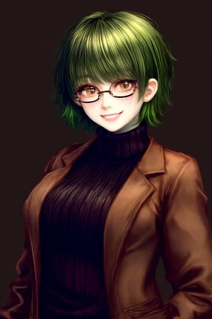 high quality, masterpiece, medium, 20 year old woman (brown jacket, brown sweater underneath, brown eyes, crazy eyes, green hair, short hair, white skin, glasses, voluptuous, malicious smile, haze