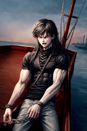 high quality, masterpiece, medium, 15 year old male (clothes slave white, very pale skin, red eyes, very muscular,angry, sharp teeth, messy black hair,tall, long hair, chains,on a boat