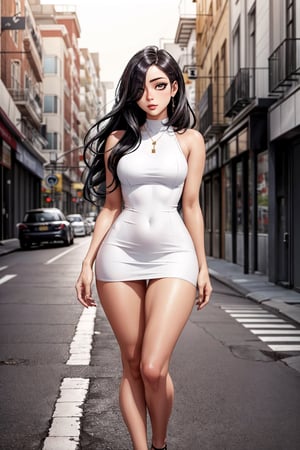 ((Hyper Detail)), masterpiece, ultra-detailed, 1 girl, long hair, hair over one eye, beautiful girl,(big thighs),,full_body shot,tight mini dress,wide_hips,bare_shoulders.face, standing on the street