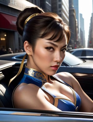 Chun Li as An with a serious expression drives a luxury car in a busy metropolis, full body portrait of a photorealistic female exotic,body goals, perfect body, leica D-lux 7, dramatic, ultra realistic, HD, natural skin texture,This photo was taken in broad daylight, with sunlight streaming through the car window, creating a contrast between the dynamic outside world and the escort lady's focus on her duties.  intricate, highly detailed, sharp focus, insane details, intricate details, hyperdetailed, hyperrealistic, taken by david seymour