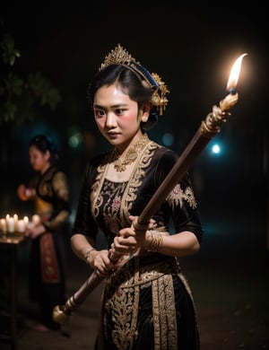 An image capturing a Javanese princess TribuanaTunggadewi  gracefully wielding her traditional keris  in the midst of a strategic military camp during the dimly lit dusk , taken with a Fujifilm X-T4 camera and Fujinon XF 35mm f/1.4 R lens, utilizing candlelight , and portraying an artistic approach in low-light photography.,Indonesian