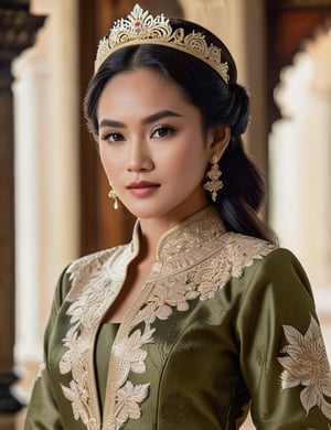 The graceful Queen of the Kingdom of Java, wearing a luxurious kebaya with a classic batik motif, stands with a graceful attitude in a palace full of history, taken with a Sony Alpha 7R IV camera and Sony FE 50mm f/1.8 lens, creating a portrait of the beauty and power of a queen, olive tanned skin, perfect body, javanese race, exotic, volumetric lighting,skswoman