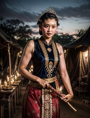 An image capturing a Javanese princess TribuanaTunggadewi  gracefully wielding her traditional keris  in the midst of a strategic military camp during the dimly lit dusk , shot with a digital SLR camera  combined with a prime lens, utilizing candlelight , and portraying an artistic approach in low-light photography.