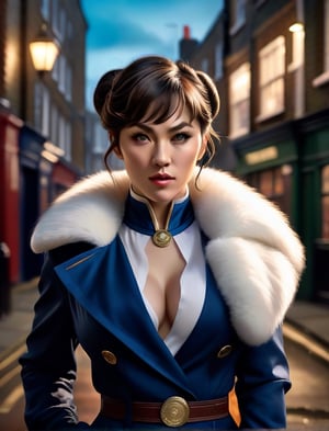 Very detailed illustration of chun li dressed as Tommy shelby, peaky blinders style, fluffy fur, big shiny eyes, full body, zoomed, detailed London environment, tetradic colors, by MSchiffer, ultra realistic, 50mm, cinematic shot, dslr camera, realistic, volumetric lights, sharp focus,