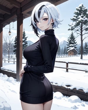 "anime girl, 1 person,  white hair, black hair, multicolored_hair, short hair,  hair between eyes, black eyes, x-shaped eyes, cross eyes, red pupils, (black sweater:1.3, white mini skirt, woolen skirt, wollen sweater, detailed, high_resolution, highly detailed, fine details), white furry jacket, winter theme, wooden lodge, lodge, big breasts, discreet, dynamic pose, hands behind back, standing, photoshoot, snowfall, solo, front view, (full HD 4K+ photo)",semirealistic,1 girl, earrings, dress, medium breasts, gentle smile, shy, cowboy_shot),arlecchino,arlecchino