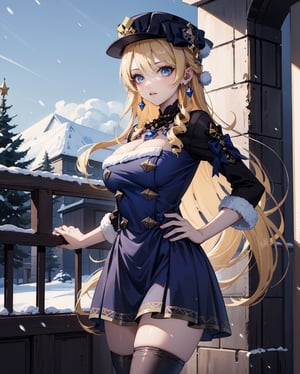 "anime girl, 1 person, blonde hair, long hair, blue eyes, black Santa hat, Santa tube costume, (blue dress), big breasts, discreet, stockings, dynamic pose, hands behind back, standing, photoshoot, Christmas, snowfall, solo, front view, (full HD 4K+ photo)",semirealistic,1 girl, earrings, dress,navia