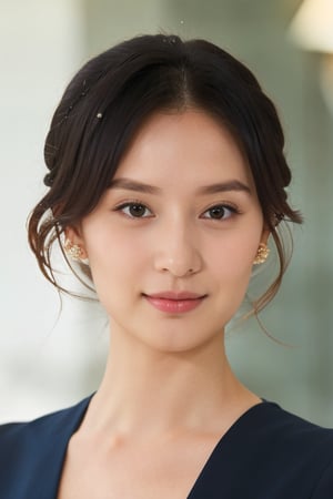 A detailed portrait of a young woman exuding elegance and natural grace. She has a voluminous updo hairstyle with wisps of hair tenderly framing her face. Her hazel eyes are accentuated by tasteful makeup, with a few light freckles across her nose and cheeks. She wears a high-necked black top, suggesting a blend of casual refinement. The lighting should illuminate her face against a subdued background, emphasizing her calm and confident expression. High Fashion, dynamic, dramatic, elegant, High fashion Vogue cover Dramatic photography, supermodel, avant garde style,naura_ayu,4manda,yasamin,gaby_rose,dilraba,yasmin,yoona,bul4n,kimjiwon