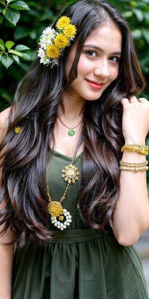 1girl, long hair, photo 1:3, breasts, looking at viewer, multiple girls, black hair, hair ornament, dress, brown eyes, jewelry, flower, solo focus, hair flower, necklace, blurry, blurry background, crown, green dress, realistic,pevit4, 5_fignered