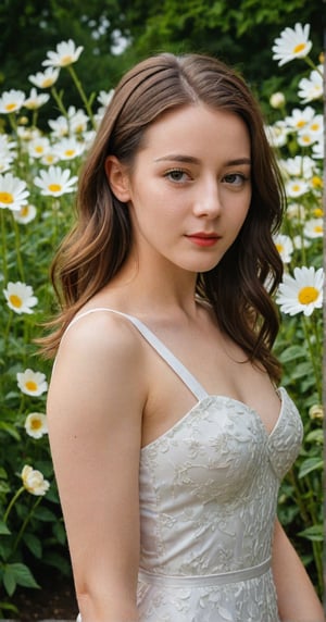 a 21 year old young woman posing confidently in a flower garden. She wore a white sleeveless dress that followed her curves. The camera photographed him from the front, back and side with clear lighting on his face. her beautiful dress and beautiful face became the center of attention.,freya
