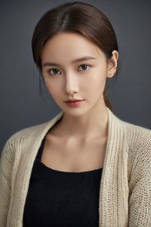 centered, portrait photo of 25 y.o woman, open jacket, sweater, natural skin, dark shot