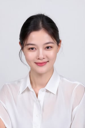 A 25 year old young woman poses confidently. He wore a white shirt and his hair was pulled back in a photo studio, which showed a relaxed or professional atmosphere. The background , which contrasts well with the white shirt and makes the subject stand out in the image. No other objects or people are visible in the photo. The woman's expression is smiling slightly and she is looking directly at the camera, indicating that this may be a portrait or professional photo.,kimyoojung