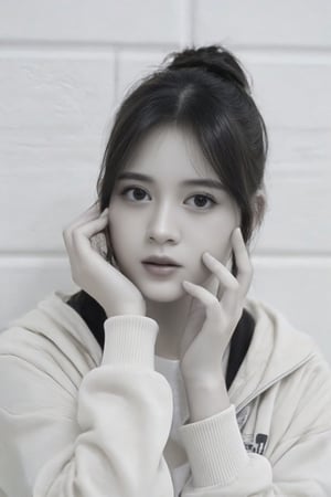 A black and white close-up shot of a young Asian woman with long dark hair pulled back into a bun. She is wearing a white long-sleeved t-shirt with a white hoodie draped over her shoulders. Her left hand is resting on her chin, and her right hand is touching her face with her left hand. The backdrop is a plain white wall.,freya_jkt48,christy_jkt48 