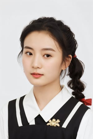 Zhangyaqin, 22 year, 1girl, wearing a Chinese dress, white background, hair in pigtails, hair tied back together,  slanted eyes,cwkcntk