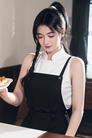 (One Person), (Masterpiece, Best Quality), (A Gorgeous 25 Years Old British Female Chef:1.4), (Holding a plate of a Whole Fried Turkey:1.4), (Ponytail Black Hair:1.6), (Pale Skin:1.4), (Cheerful Looking:1.4), (Detailed Shiny and Sweaty Skin:1.2), (Wearing White Chef Apron:1.4),(Dimly Lit Dining Room at Night:1.6), Centered, (Half Body Shot:1.4), From Front Shot, Insane Details, Intricate Face Detail, Intricate Hand Details, Cinematic Shot and Lighting, Realistic and Vibrant Colors, Masterpiece, Sharp Focus, Highly Detailed, Taken with DSLR camera, Depth of Field, Realistic Environment and Scene, Master Composition and Cinematography