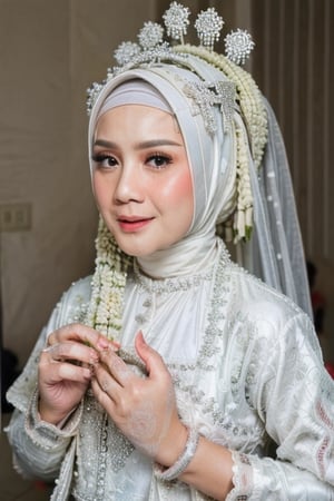 Fortait, best quality, 1.3, 16k, 18 year, white wedding_kebaya, hijab,  basic_background , 5_figner,bokehdilraba,n4git4