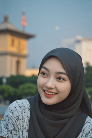 Take an interesting photo featuring (Lush Girlfriend) who is also a (Tax Collector), showing her warmth with (bright smile). She has (hijab covering all her hair) and (Indonesian Monas monument in the background). Make use of the (tilt-shift) technique to create a unique perspective, give it a (Horror) twist to add an interesting touch. Enhance the scene with (specular lighting) that produces shadows that enhance the cinematic atmosphere. Take advantage of the (Samsung Galaxy) capability with aperture (F/5) to achieve the perfect blend of focus and bokeh. Create (cinematic still in 1.2) with (film grain) for a touch of nostalgia and introduce (freedom-loving grain) for added charm. Aiming for professional quality (35mm photos) while ensuring (highly detailed) images in (4K resolution), resulting in depictions that are visually appealing and emotionally resonant.,vanessh4,tit1,Aureli6,cwkntik24,kimyojung,High detail,Maudyaunda,cwknt1k, syifa4, syif4hadju, m4udy, hij4b, cwkhijab,koreangirl