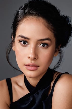 A detailed portrait of a young woman exuding elegance and natural grace. She has a voluminous updo hairstyle with wisps of hair tenderly framing her face. Her hazel eyes are accentuated by tasteful makeup, with a few light freckles across her nose and cheeks. She wears a high-necked black top, suggesting a blend of casual refinement. The lighting should illuminate her face against a subdued background, emphasizing her calm and confident expression. High Fashion, dynamic, dramatic, elegant, High fashion Vogue cover Dramatic photography, supermodel, avant garde style,Salshabilla,est4,Maudyaunda