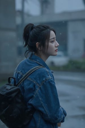 A melancholic scene unfolds: a girl with short, jet-black hair styled in a sleek ponytail stands alone, her features blurred by the relentless rain. Tears stream down her face as she clutches a worn backpack, her lips trembling with sadness. She's wrapped in a denim jacket, a symbol of comfort and protection against the stormy weather that mirrors her emotional turmoil.,dilraba_dilmurat