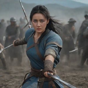 a beautiful medieval mongolian warrior woman in sword combat stance, in dynamic stance running, fighting holding one greatsword, wounded scrathes on face, ((angry face)), she has a beautiful eyes, she has a long black  hair, muddy hands holding bow and arrow, crying:3, tears:4, wearing sky blue heavy war armor with blood strains and scratches, war grounds, medieval battle, thousands of soldiers, two army in battling background (blue banner, yellow banner), dead soldiers lying on ground, dead bodies on ground, mud, blood on ground, damaged (detailed and diffirent) armors and blades, lot of ashes in the air and fire, mountain, night and dark, ultra wide lanscape shot, side shot, ultra detailed, realistic grayish colors,  
, cinematic moviemaker style,elina,Decora_SWstyle,anger,angry,screaming, cinematic moviemaker style,elina,Decora_SWstyle,anger,angry,screaming,dilraba