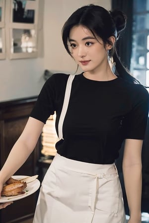(One Person), (Masterpiece, Best Quality), (A Gorgeous 25 Years Old British Female Chef:1.4), (Holding a plate of a Whole Fried Turkey:1.4), (Ponytail Black Hair:1.6), (Pale Skin:1.4), (Cheerful Looking:1.4), (Detailed Shiny and Sweaty Skin:1.2), (Wearing White Chef Apron:1.4),(Dimly Lit Dining Room at Night:1.6), Centered, (Half Body Shot:1.4), From Front Shot, Insane Details, Intricate Face Detail, Intricate Hand Details, Cinematic Shot and Lighting, Realistic and Vibrant Colors, Masterpiece, Sharp Focus, Highly Detailed, Taken with DSLR camera, Depth of Field, Realistic Environment and Scene, Master Composition and Cinematography
