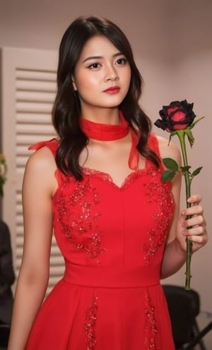 A beautiful young female model wearing a red sleeveless dress, in her hand holding a black rose, indoors,freya_jkt48,christy_jkt48 