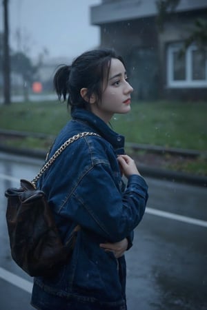 A melancholic scene unfolds: a girl with short, jet-black hair styled in a sleek ponytail stands alone, her features blurred by the relentless rain. Tears stream down her face as she clutches a worn backpack, her lips trembling with sadness. She's wrapped in a denim jacket, a symbol of comfort and protection against the stormy weather that mirrors her emotional turmoil.,dilraba_dilmurat