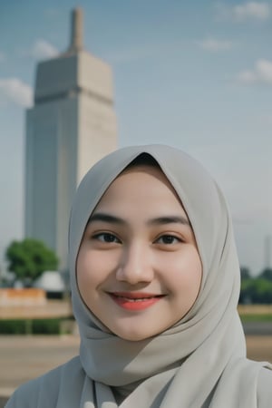 Take an interesting photo featuring (Lush Girlfriend) who is also a (Tax Collector), showing her warmth with (bright smile). She has (hijab covering all her hair) and (Indonesian Monas monument in the background). Make use of the (tilt-shift) technique to create a unique perspective, give it a (Horror) twist to add an interesting touch. Enhance the scene with (specular lighting) that produces shadows that enhance the cinematic atmosphere. Take advantage of the (Samsung Galaxy) capability with aperture (F/5) to achieve the perfect blend of focus and bokeh. Create (cinematic still in 1.2) with (film grain) for a touch of nostalgia and introduce (freedom-loving grain) for added charm. Aiming for professional quality (35mm photos) while ensuring (highly detailed) images in (4K resolution), resulting in depictions that are visually appealing and emotionally resonant.,vanessh4,tit1,Aureli6,cwkntik24,kimyojung,High detail,Maudyaunda,cwknt1k, syifa4, syif4hadju, m4udy, hij4b, cwkhijab,koreangirl,syifa4