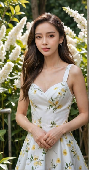 a 21 year old young woman posing confidently in a flower garden. She wore a white sleeveless dress that followed her curves. The camera photographed him from the front, back and side with clear lighting on his face. her beautiful dress and beautiful face became the center of attention.,freya,Angelababy