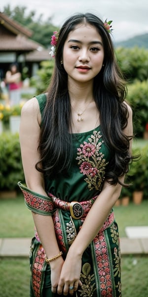 1girl, long hair, breasts, looking at viewer, multiple girls, black hair, hair ornament, dress, brown eyes, jewelry, flower, solo focus, hair flower, 3girls, necklace, blurry, blurry background, crown, green dress, realistic,Salshabilla