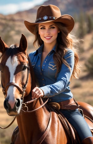 (best quality,8k,realistic,ultra-detailed) A girl wearing a cowgirl outfit and a cowboy hat, riding on a realistic horse while looking at the viewer with a beautiful smile. Vibrant colors and sharp focus capture the scene, bringing it to life. The girl's eyes sparkle with exquisite detail, complemented by her captivating lips. The horse's majestic presence adds depth to the composition. The overall atmosphere is reminiscent of a Western landscape, with a hint of adventure and freedom. The light softly illuminates the girl's face, creating a warm and inviting ambiance. It's a masterpiece that combines the charm of a cowgirl's spirit with the power and elegance of a horse., sexy pose, 
,steampunk style