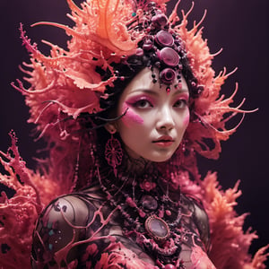 photo RAW, (Black, pink, fuchsia, orange, red : Portrait of a ghostly long tailed petrol fishtail, beautiful mask, harmonic ensemble, mineral, woman, shiny aura, highly detailed, organically grown crystals, gold and pearl filigree, intricate motifs, organic tracery, Kirnan Shipka, Januz Miralles, Hikari Shimoda, glowing stardust by W. Zelmer, perfect composition, smooth, sharp focus, sparkling particles, lively coral reef background Realistic, realism, hd, 35mm photograph, 8k), masterpiece, award winning photography, natural light, perfect composition, high detail, hyper realistic
