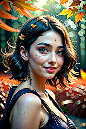 best quality,ultra-detailed,realistic,photorealistic:1.37,portrait,beautiful curvy woman,beautiful detailed eyes,beautiful detailed lips,wavy hair,wearing lovely autumn dress,cute smile,surrounded by a mystical forest,walking towards the camera,magical aura,whimsical,colorful autumn leaves,floating in the air,gentle breeze,rays of sunlight peeping through the trees,soft dappled light,peaceful atmosphere,magical creatures,playing around,sparkling fairy dust,soft glow,x,y,z style painting,blending colors,vibrant hues,dreamlike scenery,Realism