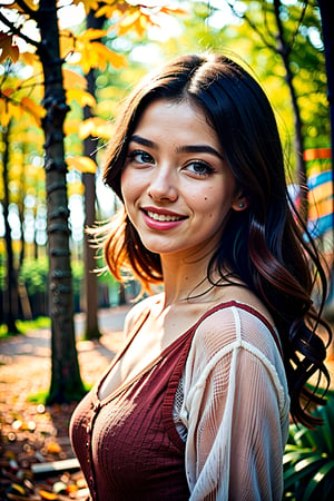 best quality,ultra-detailed,realistic,photorealistic:1.37,portrait,beautiful curvy woman,beautiful detailed eyes,beautiful detailed lips,wavy hair,wearing lovely autumn dress,cute smile,surrounded by a mystical forest,walking towards the camera,magical aura,whimsical,colorful autumn leaves,floating in the air,gentle breeze,rays of sunlight peeping through the trees,soft dappled light,peaceful atmosphere,magical creatures,playing around,sparkling fairy dust,soft glow,x,y,z style painting,blending colors,vibrant hues,dreamlike scenery,Realism