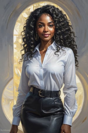 {{best quality}}, {{masterpiece}}, {{ultra-detailed}}, {illustration}, {detailed light}, {an extremely delicate and beautiful}, (white, black) a Full body oil painting of a black female CEO,  digital fantasy ilustration in the style of greg rutkowski, highly detailed, long curly hair, high contrast image, reflected light, mystical background, in a fantasy-style, greg rutkowski, oil painting, little smile, joyful, cleavage cutout, elegant shirt, lock of hair falling over the eye