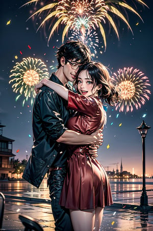 an inspiring image capturing the essence of the New Year. Envision a scene of jubilation and hope, where people from diverse backgrounds come together to celebrate. a couple in love in huging in the center of the ilustration, Illuminate the atmosphere with vibrant colors, fireworks, and joyous expressions. Include symbolic elements like a countdown clock, confetti, and perhaps a toast with glasses raised. Encourage the creation of an image that embodies the spirit of new beginnings, shared aspirations, and the excitement of stepping into a fresh chapter full of possibilities.,EpicArt