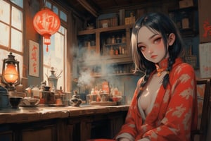 kawaiicolors, texture, fusion of Eastern classical style and modern illustration art, Japanese picture books. In a traditional Chinese tea house, a 12-year-old Chinese girl (loli, slanted eyes, red eye shadow, low cut ancient dress) sits gracefully in a Chinese antique chair behind the counter, gazing lazily at viewer, Chinese Oil lamp, Chinese tea set, steam, daytime, sunlight. close-up, depth of field, Chiaroscuro. astroflux_v101,Flat Anime Niji Style