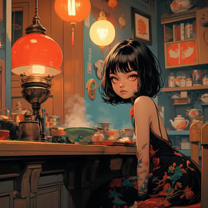 kawaiicolors, texture, fusion of Eastern classical style and modern illustration art, Japanese picture books. In a traditional Chinese tea house, a 12-year-old Chinese ethereal girl (loli, slanted eyes, red eye shadow, Chinese halter top, ancient skirt) sits gracefully in a Chinese antique chair behind the counter, gazing lazily at viewer, Chinese Oil lamp, Chinese tea set, steam. close-up, depth of field, Chiaroscuro. astroflux_v101