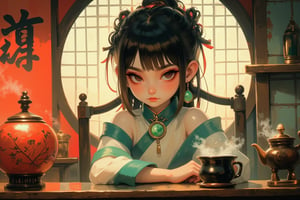 kawaiicolors, texture, fusion of Eastern classical style and modern illustration art, Japanese picture books. In a traditional Chinese tea house, a 10-year-old Chinese girl (loli, slanted eyes, black eyes), red eye shadow, low cut off-shoulder Chinese ancient costume (is made of green silk and white tulle, simple motif), wore a round jade pendant. She sits gracefully in a Chinese antique chair behind the counter, gazing lazily at viewer, Chinese Oil lamp, Chinese tea set, steam, daytime, sunlight through the window. close-up, depth of field, Chiaroscuro. astroflux_v101,Flat Anime Niji Style