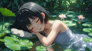 oil painting illustration, anime style, photographic style, detailed, 3D render. A 12-year-old Japanese girl (loli, black short hair, wearing camisole Tulle pajamas, soaked cloth) is asleep in the water lily pond, wet. Real light and shadow, depth of field.